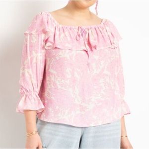 Eloquii Light Pink Floral Square Neck Ruffle Peasant Blouse Flounce Top Rose